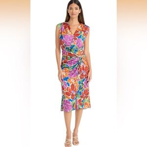 Maggy London Floral Multicolor Knotted Mid Length Sleeveless Dress, 6